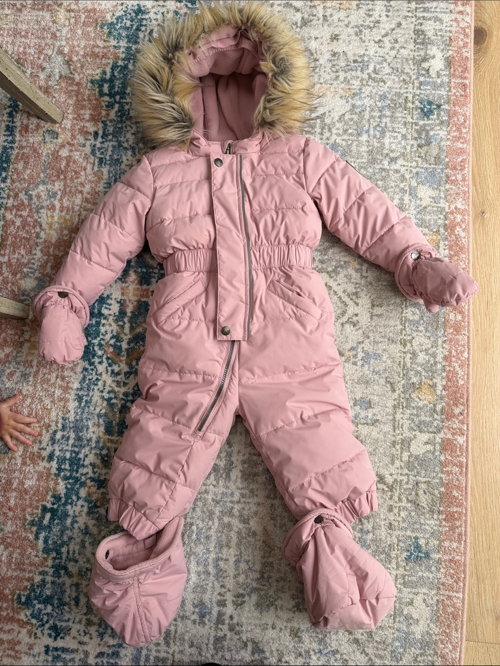 Deax Par Deux Pink Faux-Fur Hooded Snowsuit With Button On Mittens And Booties